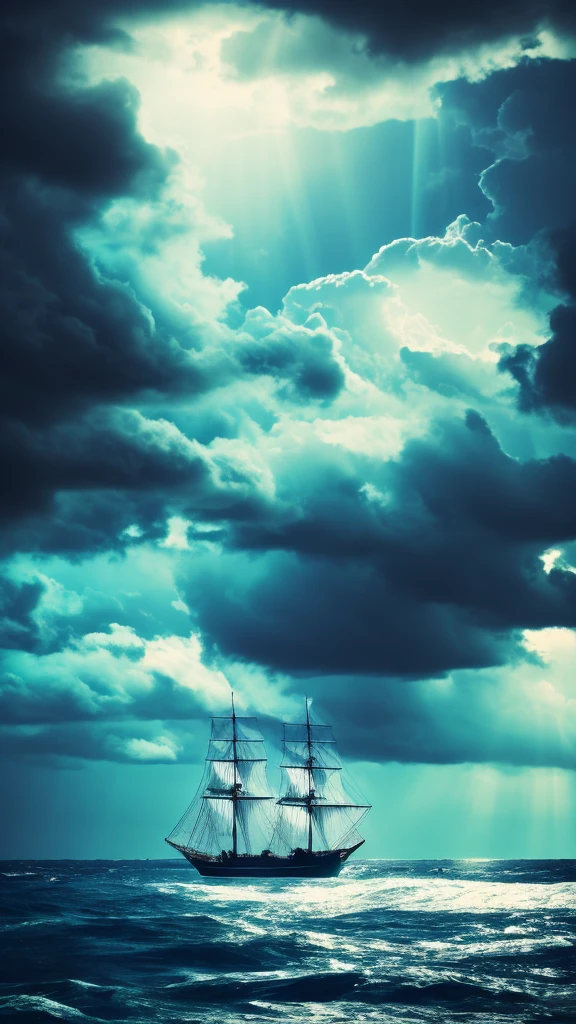 in the distance a sailing ship, ocean, storm, nebulae in the background,