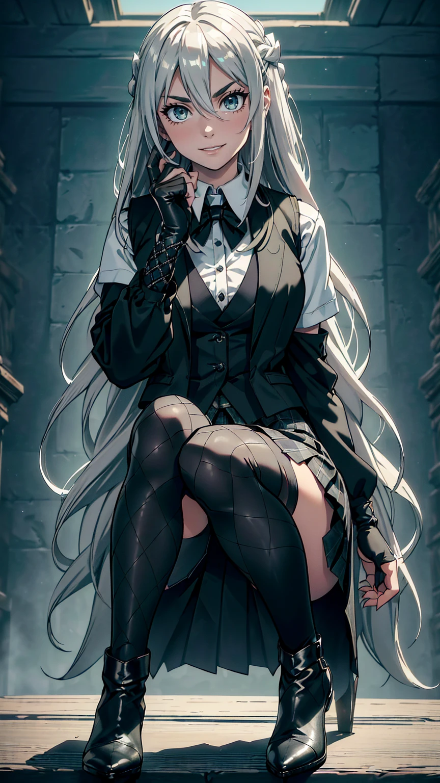 最high quality、Ultra High Definition, Ultra High Quality, Hyper Definition, Hyper Quality, Hyper Detailed, Extremely Detailed, Perfectly Detailed, Best image quality、masterpiece、woman((20-year-old、super dynamic pose , legs bent at the knees, Green glowing eyes, Silver long Hair with a small braids、Disheveled Hair、Long White Hair、Thin,Fingerless Glove、Black Luxury Vest, Shirt, Grey Plaid Skirt, Black Tights, Ankle Boots On Heels, evil smile, wicked expression、 Hair White Flower Barrette, Dressed in school)),high quality、Beautiful art、background((Inside the mansion))、Written boundary depth、movie、Visual Arts、Perfect art、8K,Genuine、