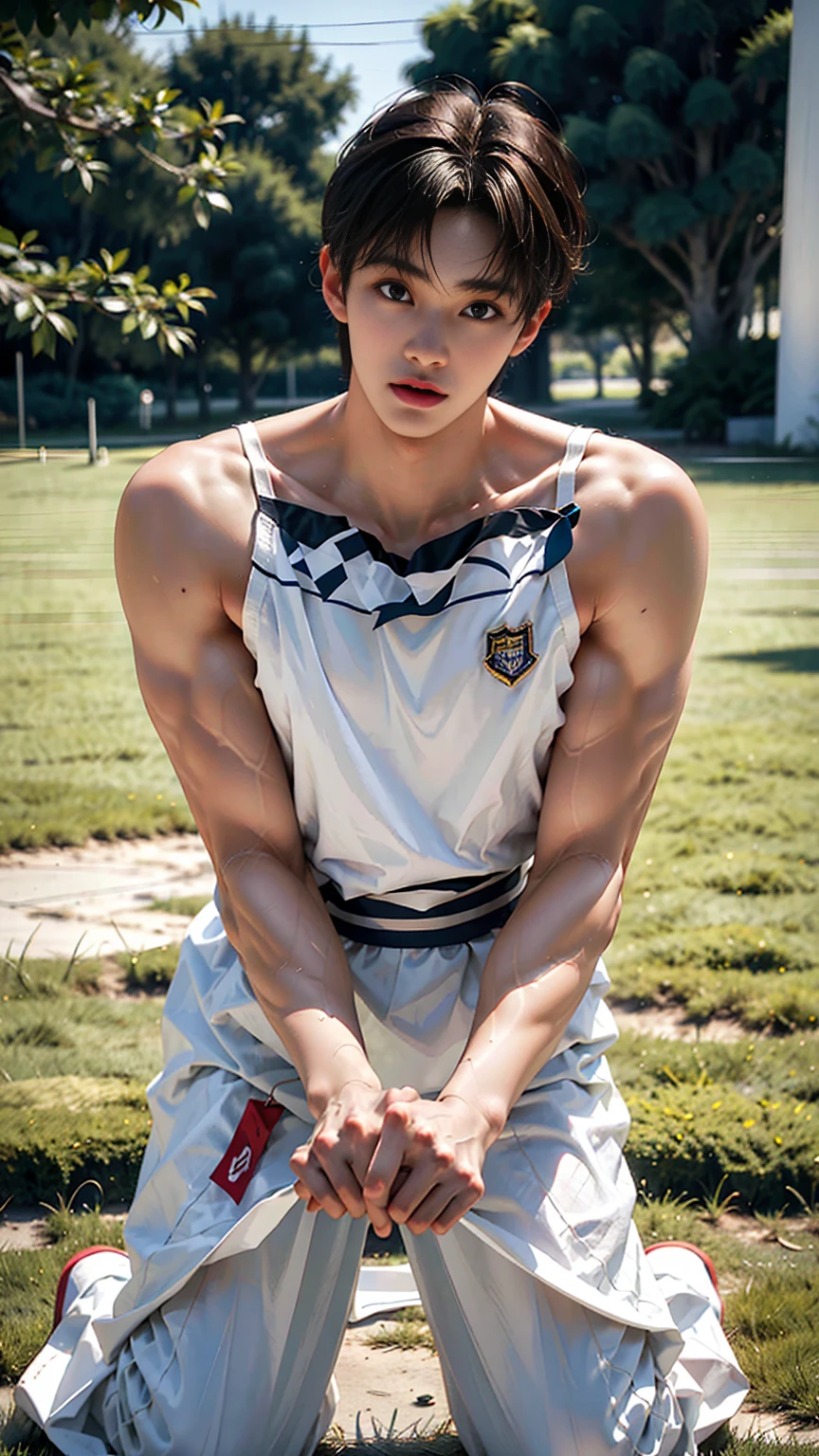 There are no clothes on the upper body，Athletic teenager wearing only underwear，standing on a playground，legs are open，A hand touched his pectoral muscles，The other hand touched the skin，Wear white football socks，Feet can be seen in the shot，and the tongue sticks out，There is a blush on the face，Shinkai sincerely