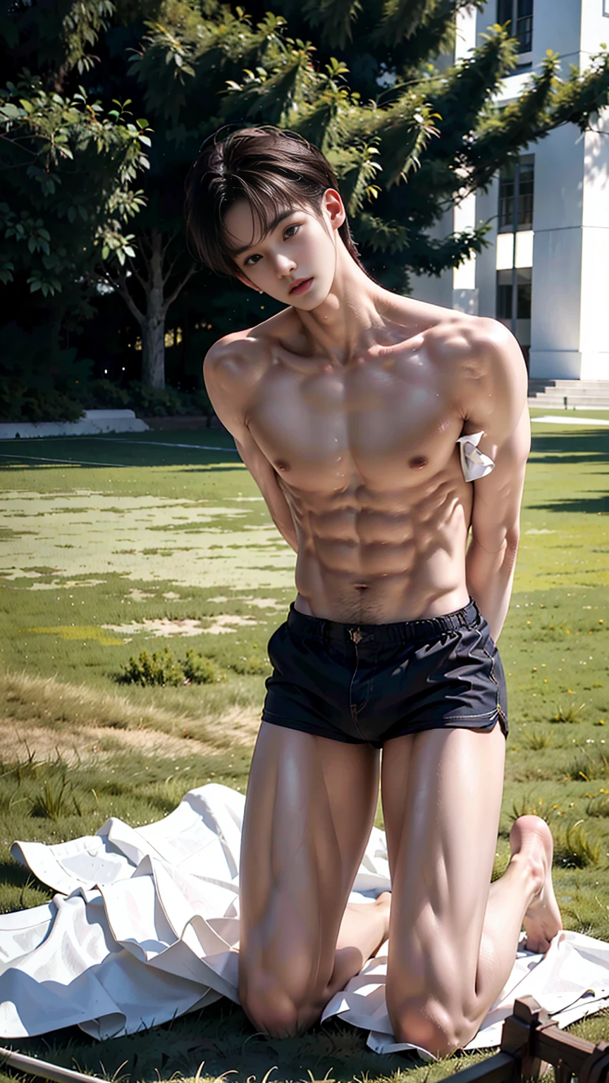 masterpiece,best quality, (A -yeld taboy:1.2), (Kneeling upright on the campus lawn:1.2),（White swimming briefs）,Broad shoulders,Muscular shoulders，（Extremely strong body），Muscular body，Attractive and fit body，Inverted triangle figure，Biceps，Highlight muscle texture，Front view， Muscular body，Small head，Handsome and cute face，V-Shaped Face，Perfectly detailed facial features,Looking at the camera，Innocent expression，leaning back,head tilt, happy, very short hair, brown hair,(looking at viewer:1.2)，Vision