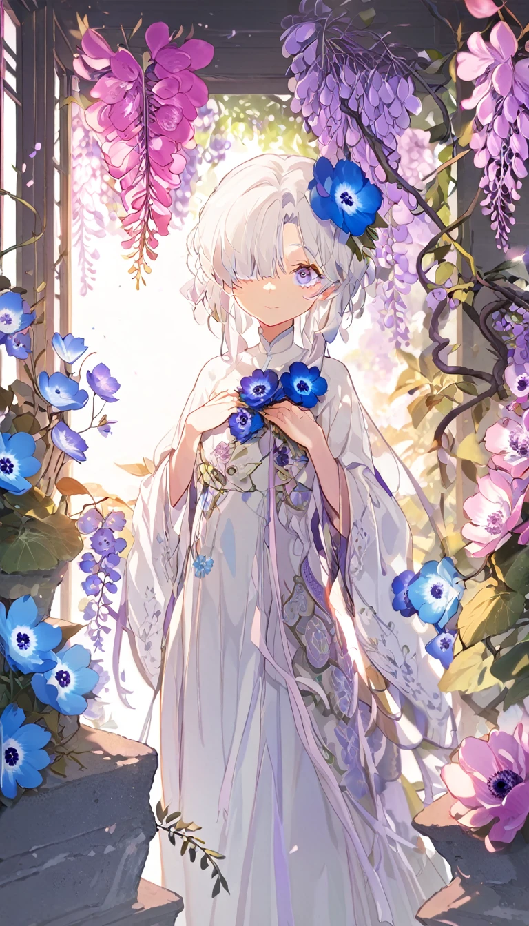 1girl,standing,white_hair,bluejoucho,hair over one eye, cowboy shot,light smile, nemophila \(flower\), anemone \(flower\), wisteria, garden, hand on own chest,