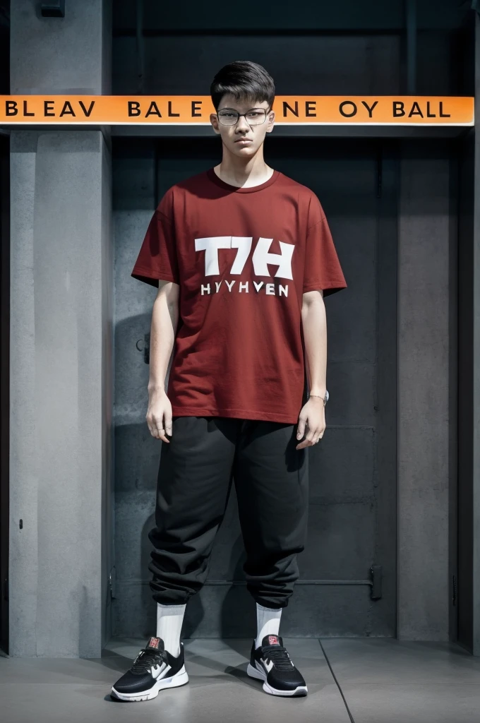 21 year old boy, he is wearing a oversize xxl red plain t-shirt, he is wearing black trousers, he is wearing sneakers, he is wearing glasses, city, full body, he is buzz cut Hair, foot, walking