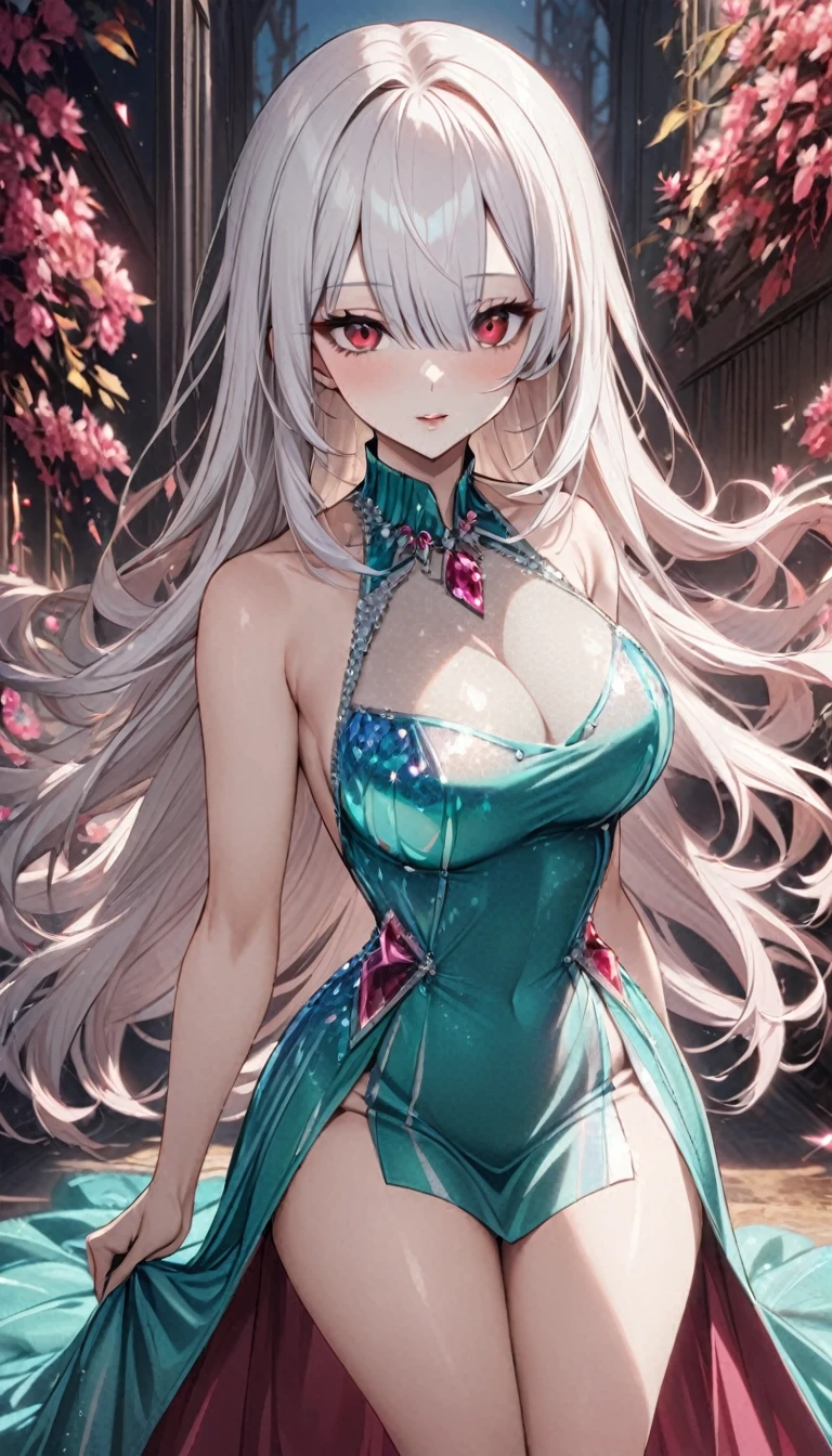 1lady,albino,white hair,straight long hair,hair over one eye,red eyes,large breasts,paraiba tourmaline crystalline dress