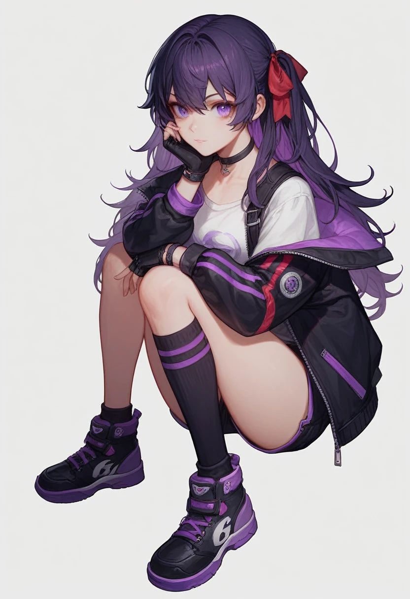 (score_9,score_8_superior,score_7_superior,),One girl,miki zf,Fingerless gloves,Knee socks,Black Hair,Purple eyes,Simple Background,White Background,Red Bow,shirt,Black Choker,View your viewers,Long Hair,Braiding,Jacket,Hair Ribbon,Purple Hair,Inner hair color,Portraiture,put your hand on your chin,