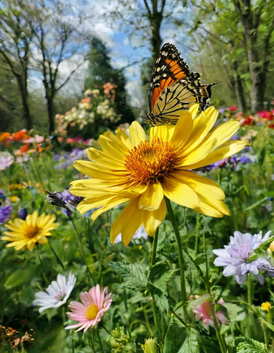 Une immense ombrelle faite de fleur finement ciselée et ajourée offre de l'ombre à une sublime femme heureuse et radieuse marchant dans un parc,  quelques petits papillons virevoltent autour d’elle , masterpiece, extrêmement détaillé, détails fractales sublime et sensuel, dentelle ajourée, ombrelle extrêmement détaillée