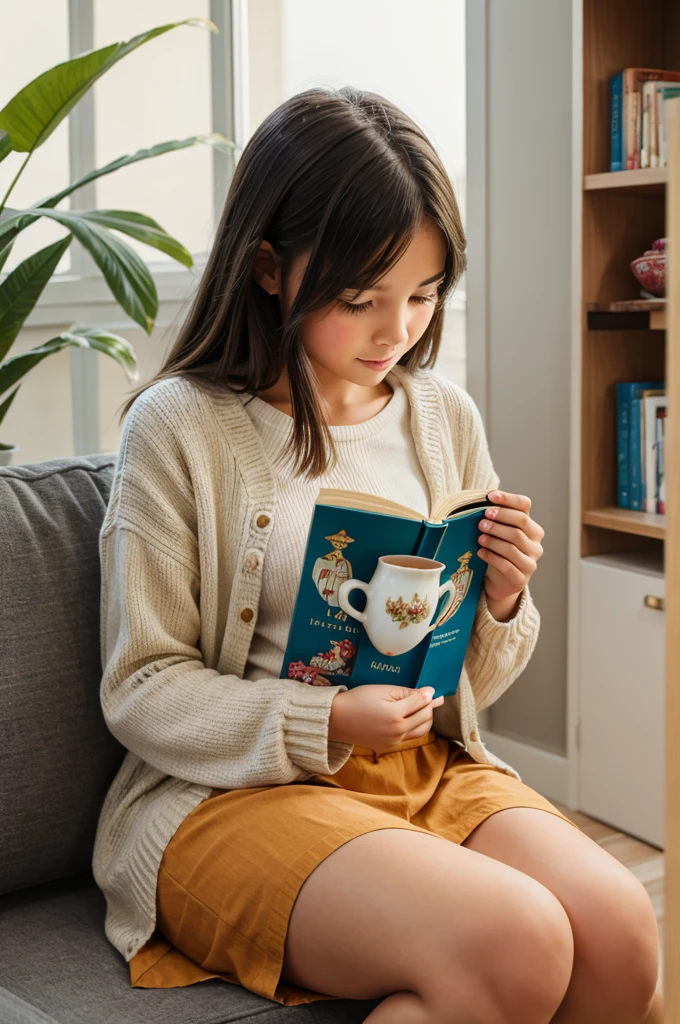 A girl reading book with a cup of tea