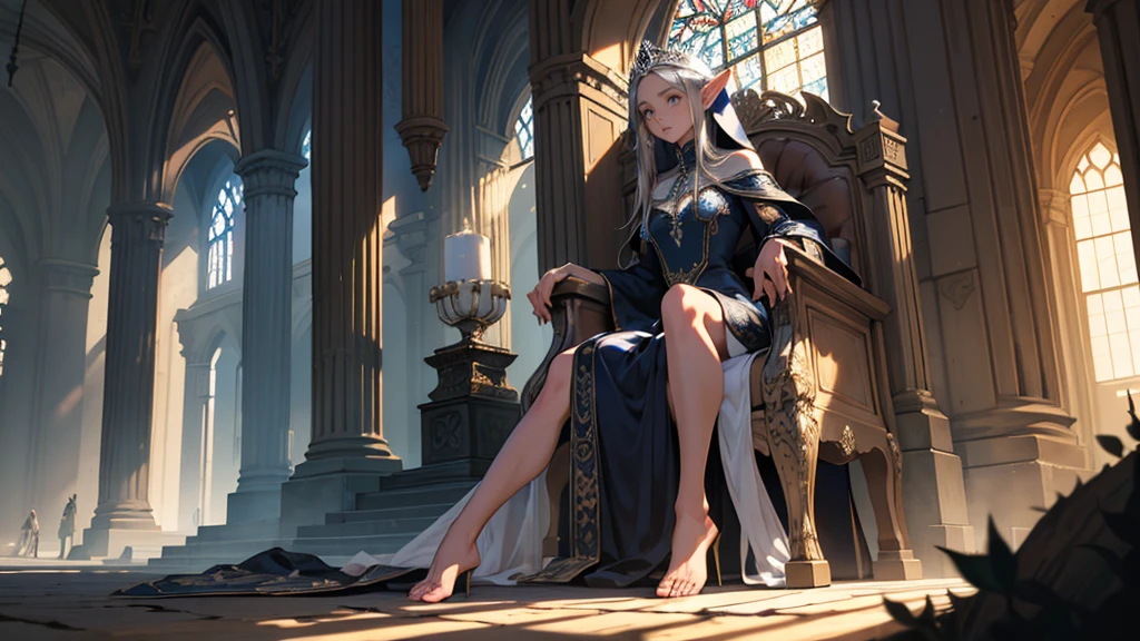 masterpiece, ultra detailed, 8K Portrait, Raw photo, a portrait photo of girl, Highly detailed face, beautiful and meticulous eyes, ((Fantasy)), (elf:1.0), 1woman, 40 year old, gray long hair, brown eyes, (melancholy expression:1.2), tiara, skinny, (ultra thin see-through dark blue silk dress), hooded long white coat Fluttering in the wind, ((bare foots)), Midday Sun, Hyper realistic, out of medieval castle in the sky, sitting on the throne, Ambient lighting, Shadow details , strong breeze, Light fog