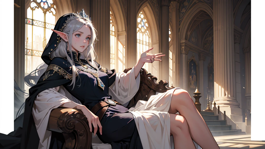 masterpiece, ultra detailed, 8K Portrait, Raw photo, a portrait photo of girl, Highly detailed face, beautiful and meticulous eyes, ((Fantasy)), (elf:1.0), 1woman, 40 year old, gray long hair, brown eyes, (melancholy expression:1.2), tiara, skinny, (ultra thin see-through dark blue silk dress), hooded long white coat Fluttering in the wind, ((bare foots)), Midday Sun, Hyper realistic, out of medieval castle in the sky, sitting on the throne, Ambient lighting, Shadow details , strong breeze, Light fog