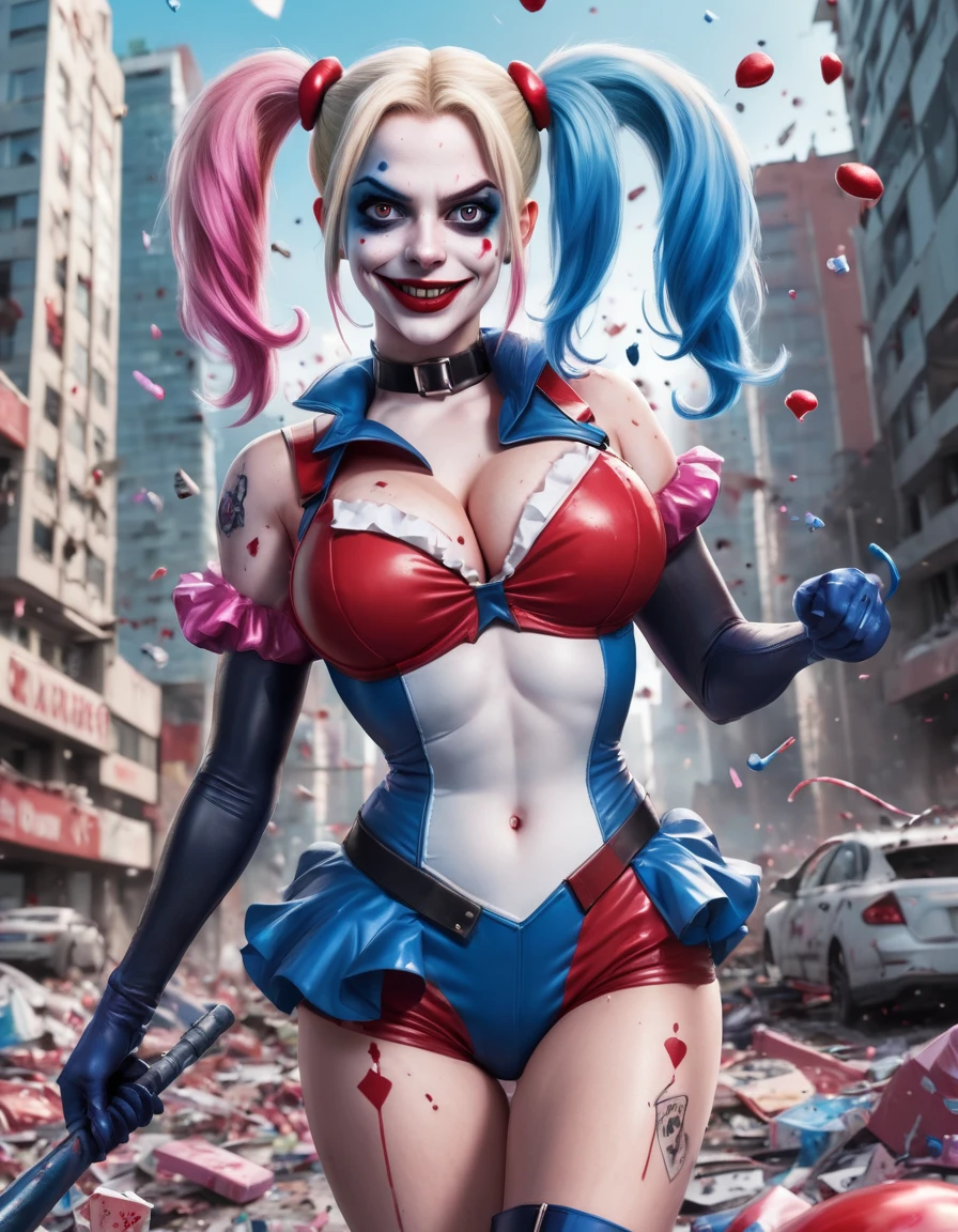 an image of a dynamic and intense comic book character, resembling Harley Quinn, in a vivid and chaotic urban battlefield. The character has a pale face with exaggerated makeup: blue eyeshadow on one eye and red on the other, with matching blue and pink pigtails. She is dressed in a tight, shiny, red and blue jester costume with a white ruffled collar and pom-poms. She is wielding a giant candy cane like a weapon, holding it across her shoulders with a mischievous, wide-open grin. The background features a cityscape in disarray, with exploding cars, flying playing cards, and debris creating a sense of action and chaos. The image should be vibrant, with sharp contrasts and a surreal, high-energy feel. Hyper realistic photo, 16k, vibrant colors