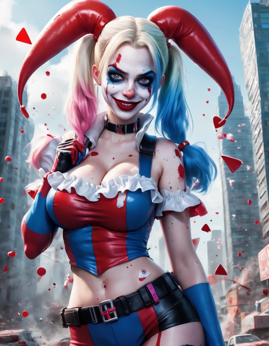 an image of a dynamic and intense comic book character, resembling Harley Quinn, in a vivid and chaotic urban battlefield. The character has a pale face with exaggerated makeup: blue eyeshadow on one eye and red on the other, with matching blue and pink pigtails. She is dressed in a tight, shiny, red and blue jester costume with a white ruffled collar and pom-poms. She is wielding a giant candy cane like a weapon, holding it across her shoulders with a mischievous, wide-open grin. The background features a cityscape in disarray, with exploding cars, flying playing cards, and debris creating a sense of action and chaos. The image should be vibrant, with sharp contrasts and a surreal, high-energy feel. Hyper realistic photo, 16k, vibrant colors