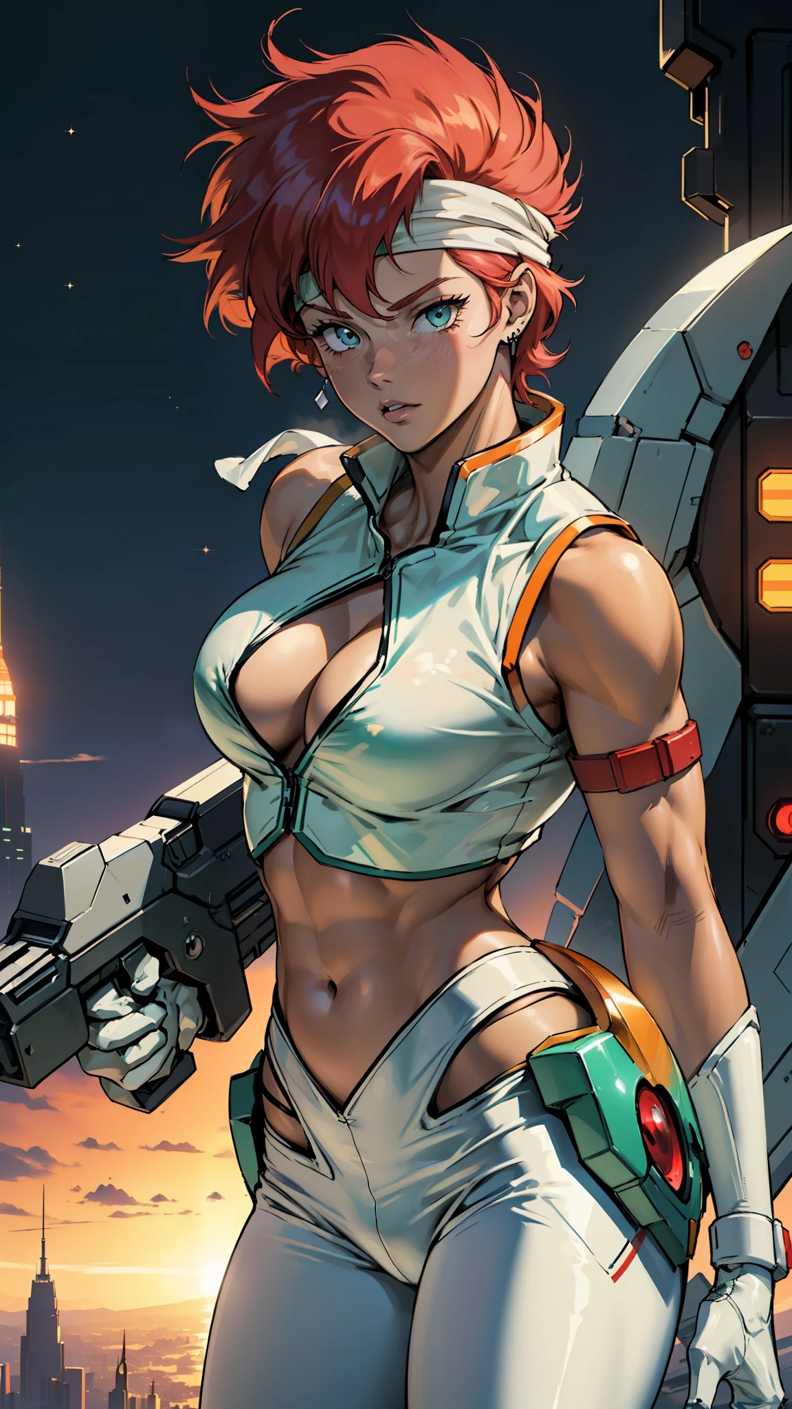 (Super quality:1.5),(High resolution:1.5),(Masterpiece:1.5),(Super detailed:1.4),(Absurd:1.5),uncensored, extremely thin,16k, exquisite, abs urd, beautiful background, detailed background, beautiful eyes, beautiful skin, anime style, From above, ((kei from dirty pair wearing white high waisted outfit)), 1Girl, Alone, dirtypairkei, tomboy, [Wicked Smile:0.8], Ecstatic expression, cleavage, busty redhead beauty, (white uniform:1.5), wearing tight clothing, revealing, (mid chest:1.2), cleavage, Cameltoe, ( muscular body:1.2), abs, oblique muscles, muscular biceps, slim waist, thin thighs, thigh gap, showing belly, skinny, thin waist, ((provocative, threatening, Cheeky sexy pose)), cyberpunk city background, (holding retro space gun) BREAK green headband, emerald green headband, Dramatic Shadows, Finely delineated, Dramatic angle, Hyper Detail, (Clear lines:1.3), cinematic lighting, chiaroscuro, sunset lighting, deep shadows, backlighting, deep focus, sharp focus,