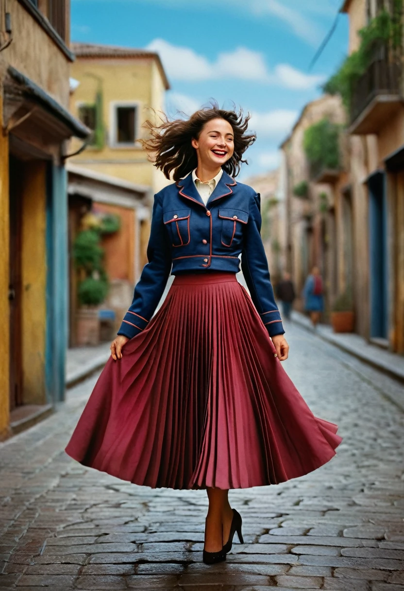 A smiling, authentic, (shy:1,3), kind, beautiful woman, is passionately in love with her skirt, wind lifts her skirt, wearing uniform jacket and very, very detailed (long (fully pleated) full circle skirt) and (low heeled court shoes), very, very intricate hyper-detailed symmetric (attractive graceful young feminine face) with (sad, tired eyes and a loving smile), very voluptuous breasts, full of empathy and compassion and love, (pronounced (feminine) features), (highly detailed ultra accurate realistic) hands and fingers, (windy), epic composition, highly detailed attributes, (35mm f1.4 Kodak portra 400 photograph), extremely high quality RAW photograph, highly detailed atmosphere, sci-fi, cinematic shot, dynamic lighting, 75mm, Technicolor, Panavision, cinemascope, sharp focus, fine details, 8k, HDR, realism, realistic, key visual, film still, superb cinematic color grading, depth of field