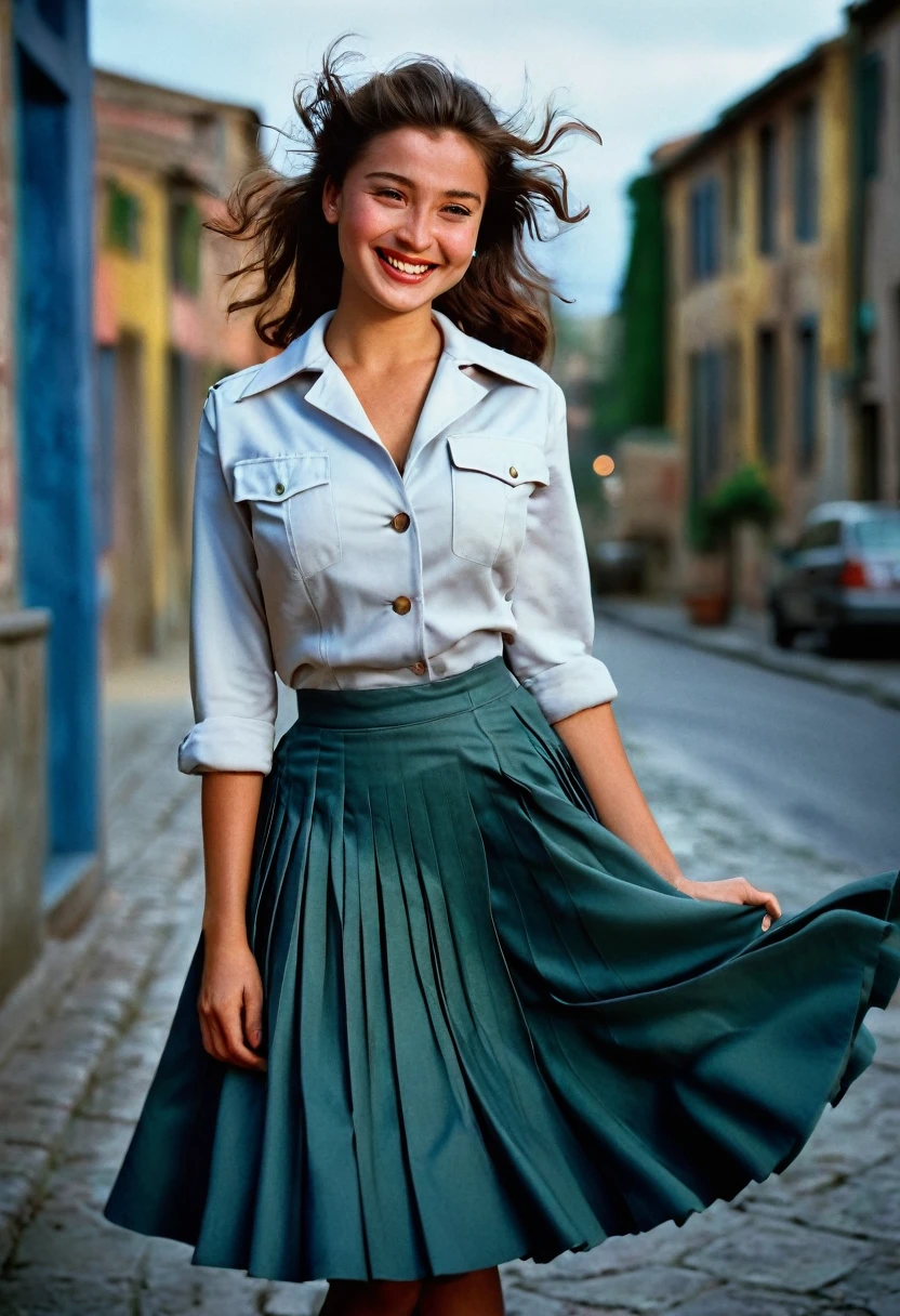 A smiling, authentic, (shy:1,3), kind, beautiful woman, is passionately in love with her skirt, wind lifts her skirt, wearing uniform jacket and very, very detailed (long (fully pleated) full circle skirt) and (low heeled court shoes), very, very intricate hyper-detailed symmetric (attractive graceful young feminine face) with (sad, tired eyes and a loving smile), very voluptuous breasts, full of empathy and compassion and love, (pronounced (feminine) features), (highly detailed ultra accurate realistic) hands and fingers, (windy), epic composition, highly detailed attributes, (35mm f1.4 Kodak portra 400 photograph), extremely high quality RAW photograph, highly detailed atmosphere, sci-fi, cinematic shot, dynamic lighting, 75mm, Technicolor, Panavision, cinemascope, sharp focus, fine details, 8k, HDR, realism, realistic, key visual, film still, superb cinematic color grading, depth of field