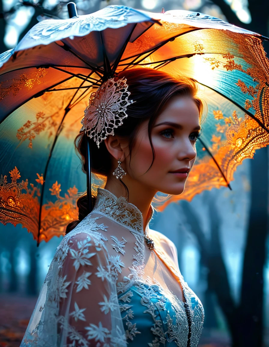 A huge parasol in finely chiseled and openwork frozen fire lace offers shade to a sublime happy and radiant woman walking in a park,  a few small sparks come out of the edges of the umbrella, masterpiece, extremely detailed, sublime and sensual fractal details, openwork lace