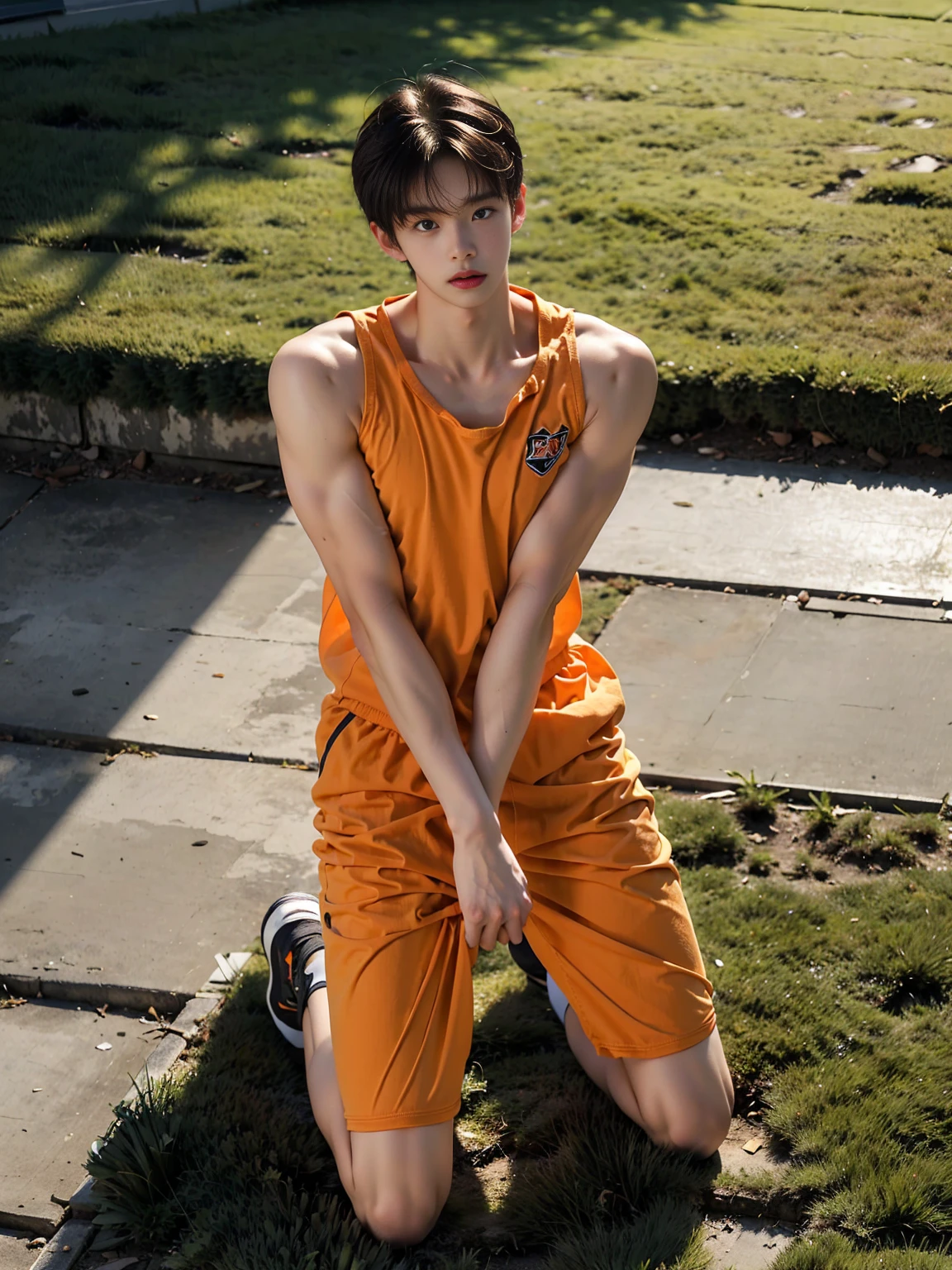 masterpiece,best quality, (A 16-year-old tall boy:1.2), (Kneeling upright on the campus lawn:1.2),（Orange one-piece cycling suit）,Broad shoulders,Muscular shoulders，（Extremely strong body），Muscular body，Attractive and fit body，Inverted triangle figure，Biceps，Highlight muscle texture，Front view， Muscular body，Small head，Handsome and cute face，V-Shaped Face，Perfectly detailed facial features,Looking at the camera，Innocent expression，leaning back,head tilt, happy, very short hair, brown hair,(looking at viewer:1.2)，Vision