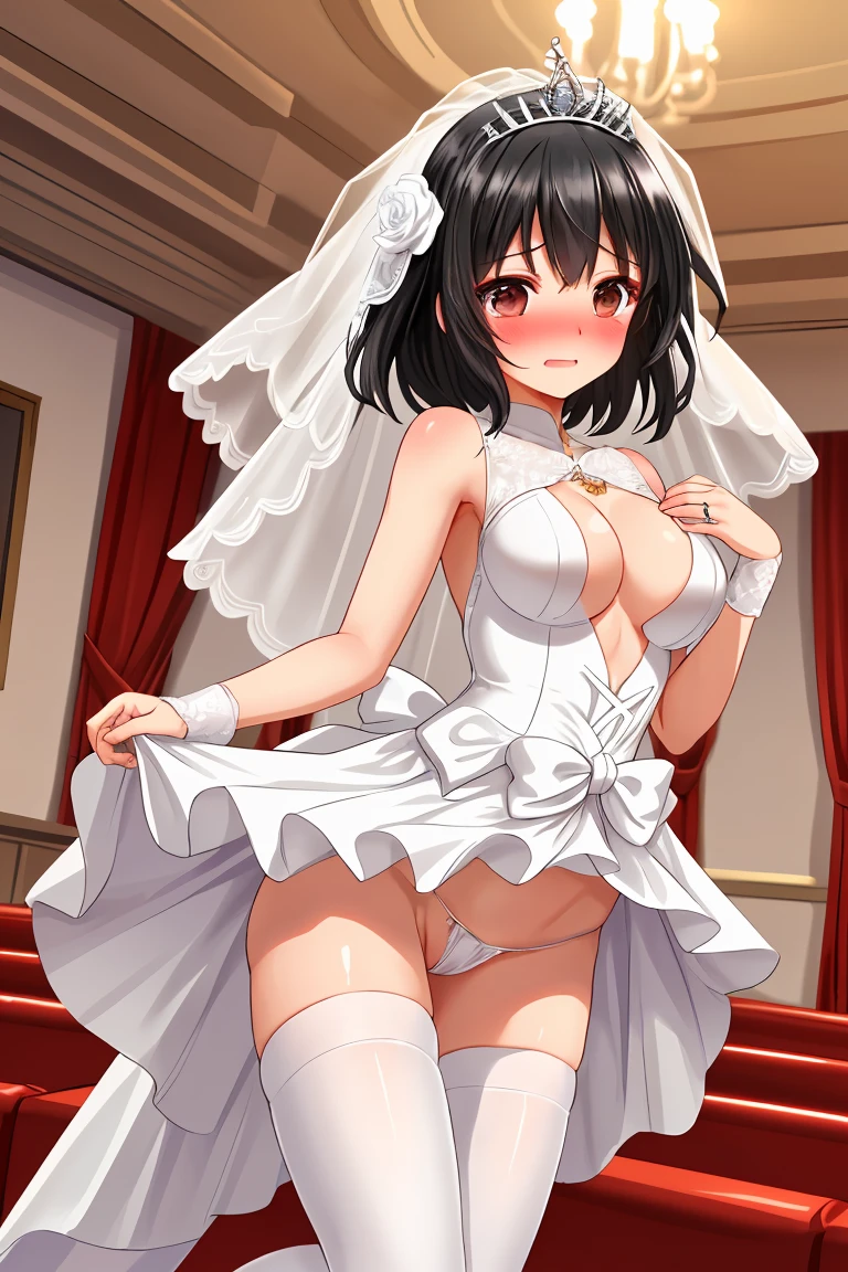 Wedding dress　Wedding hall　Black Hair　tiara　Beautiful breasts　mini skirt　No underwear　White tights　Feeling embarrassed