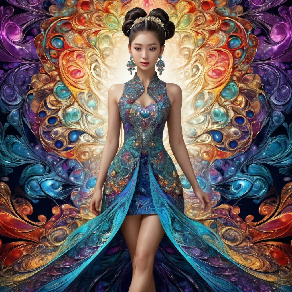 (masterpiece, top quality, best quality, official art, beautiful and aesthetic:1.2), (1girl:1.3), extremely detailed,(fractal art:1.1),(colorful:1.1),highest detailed,(zentangle:1.2), (dynamic pose), (abstract background:1.5), (japanese dress:1.2), (shiny skin), (many colors:1.4), ,(earrings:1.4),