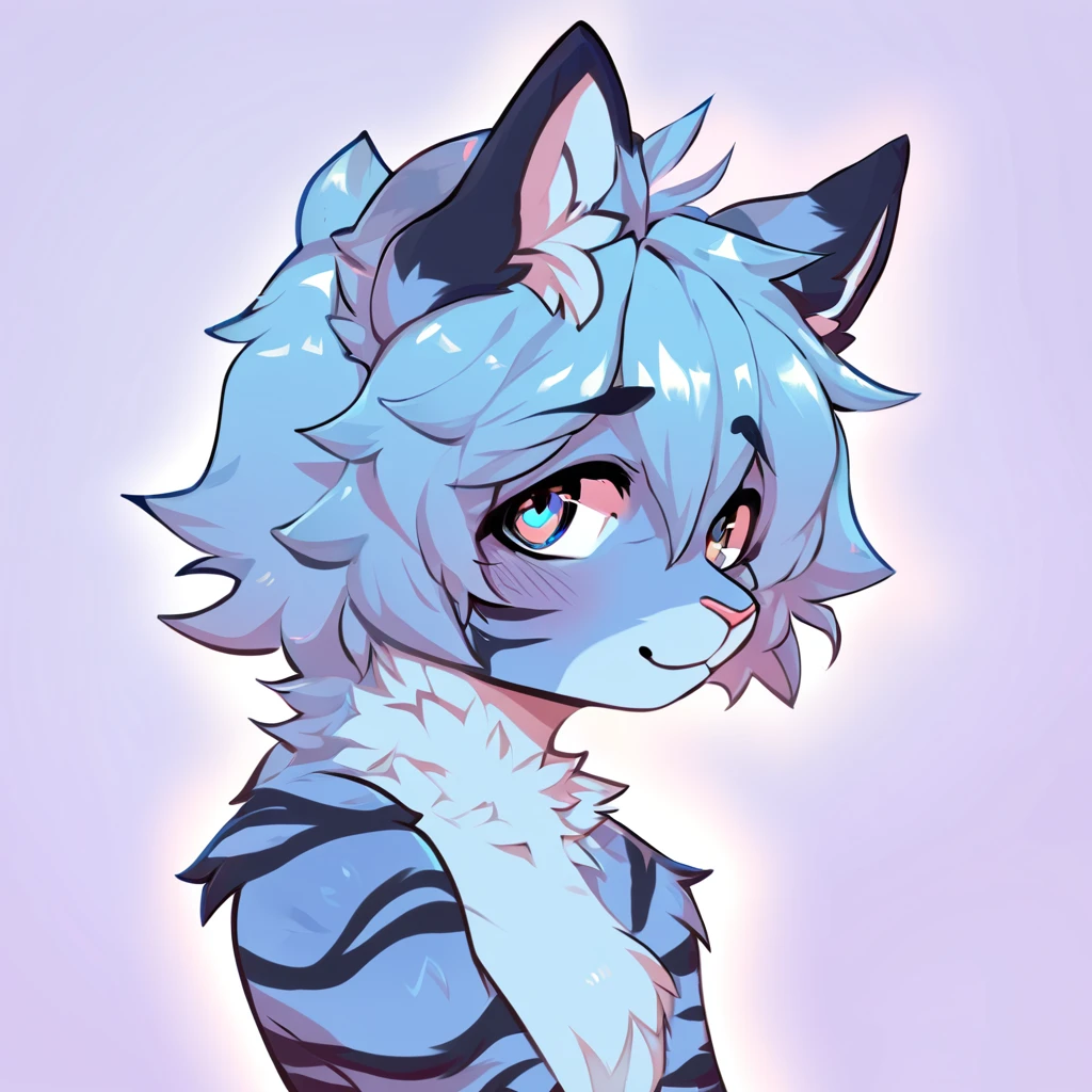 adult, feline, mammal, anthro, anthromorphic, cat, striped, fur, furred_anthro, femboy, male, light_blue, ear_tufts, purple, paws, hair_tuft, hair_between_eyes, long_tail, fluffy, expressive_eyes, light_blue_hair, light looking_at_viewer, blue_fur, shy, small_pupils, spotted_pattern, stripes, tiger_stripes, digital_art, high_resolution, high_res, background shy, head_visible, neck_visible, profile_picture, seductive_face