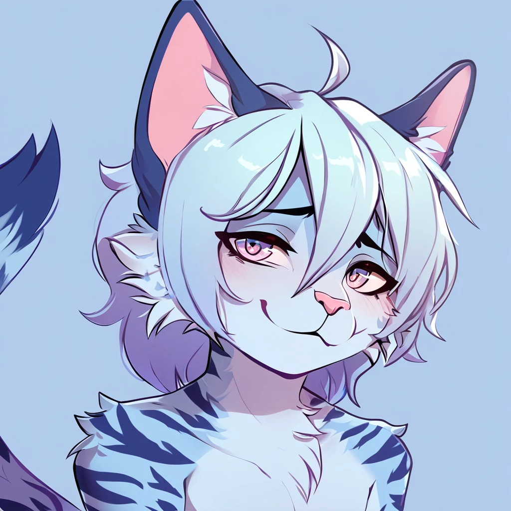 adult, feline, mammal, anthro, anthromorphic, cat, striped, fur, furred_anthro, femboy, male, light_blue, ear_tufts, purple, paws, hair_tuft, hair_between_eyes, long_tail, fluffy, expressive_eyes, light_blue_hair, light looking_at_viewer, blue_fur, shy, small_pupils, spotted_pattern, stripes, tiger_stripes, digital_art, high_resolution, high_res, background shy, head_visible, neck_visible, profile_picture, seductive_face