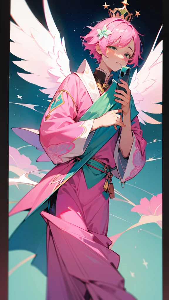 A man with short pink hair and bright blue stars. His face was hopeless and crying. He was tall and thin, wearing a green and pink outfit with a flower pattern on it, and green and pink pants with a flower pattern on it. There is a divine crown with a flower pattern attached to it. It has white divine wings with a flower pattern. in the mobile phone globe
