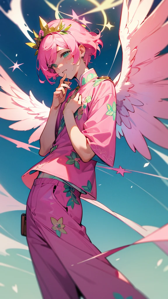 A man with short pink hair and bright blue stars. His face was hopeless and crying. He was tall and thin, wearing a green and pink outfit with a flower pattern on it, and green and pink pants with a flower pattern on it. There is a divine crown with a flower pattern attached to it. It has white divine wings with a flower pattern. in the mobile phone globe