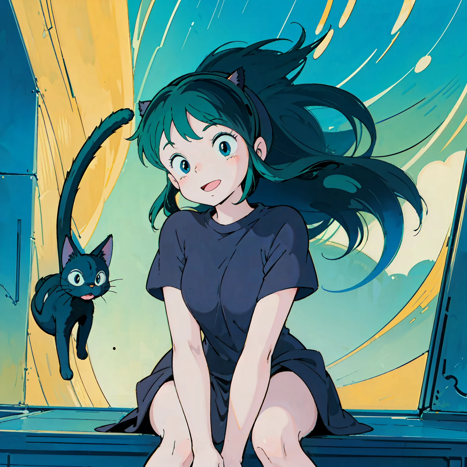 score_9, score_8_up, score_7_up, lum, retro artstyle, 1980s style, blue eyes, eyeshadow, green hair, long hair, bangs, horns, aqua hair, dynamic angle, big breasts, big ass, (little, small tiny body, chibi, small), (8 years old), (1 toddler:1.4), (baby face), (round face), (big forhead:1.2), (beautiful big eyes:1.3), extremely detailed cute anime face, (best quality, masterpiece, absurbres, super-resolution), soft pastel aesthetic, gaming console, friends, multiple people, chilling at home, playing video game, LCD screen, fun, laugh, smile, (eyelid pull), detailed faces, warm lighting, cozy interior, dynamic composition, vibrant colors, cinematic, depth of field, black cat sitting on her knees,
