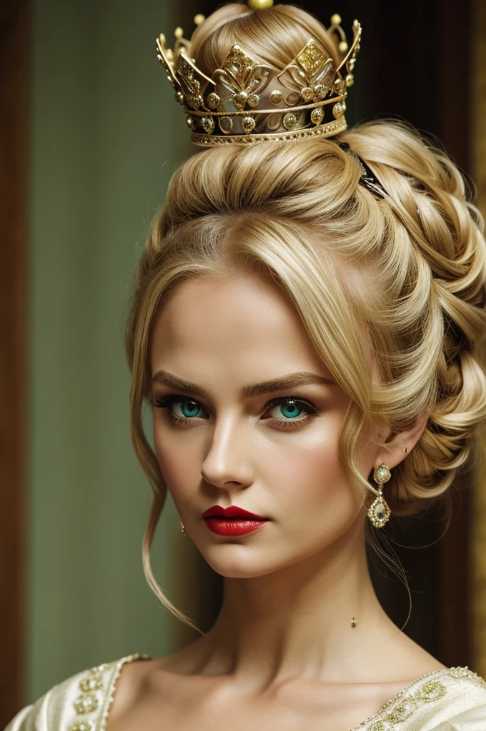 Blonde woman with updo hairstyle with a crown, medieval dress, serious face, melancholic green eyes, tez blanca, carmine red lips, slim 