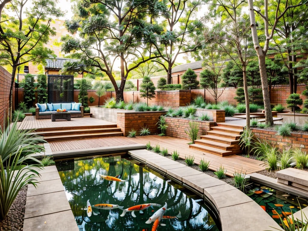 Sunken sitting area, A lounge with brick bench in the middle of a koi pond, a central courtyard with Top-down view, Two rectangular koi ponds, in the middle a brick bench and a bridge area, the koi ponds are connected, aerial view, Outdoor koi pond surrounded by zen garden with a brick bench in the middle and brick bridges