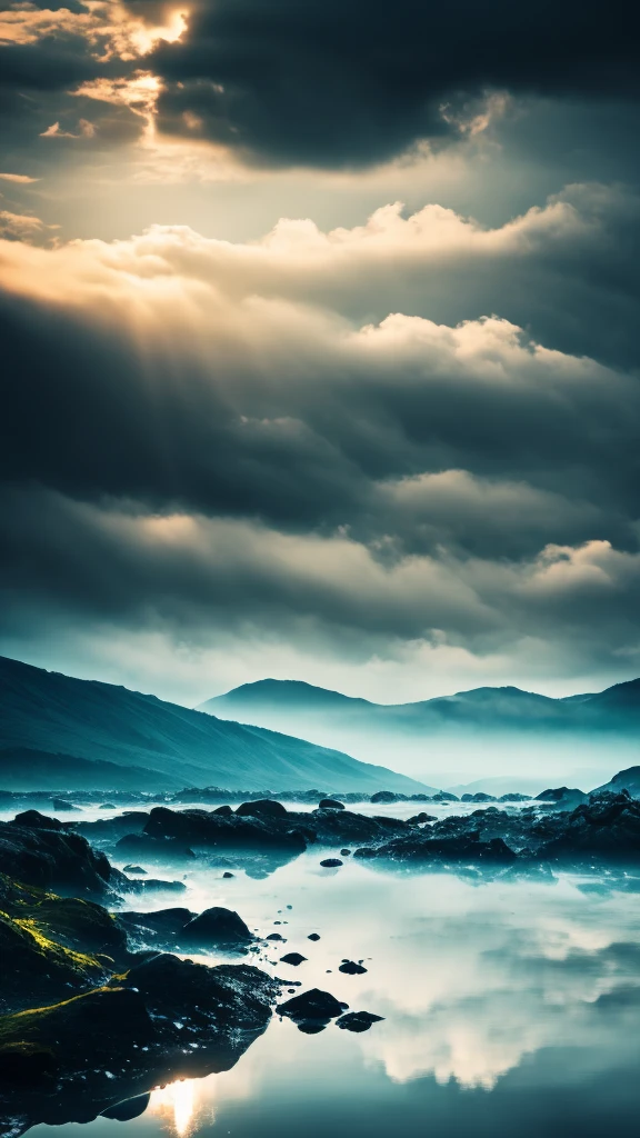 a sailing ship in the distance, vast ocean, stormy clouds, nebulae in the background, dramatic lighting, cinematic composition, (best quality,4k,8k,highres,masterpiece:1.2),ultra-detailed,(realistic,photorealistic,photo-realistic:1.37),dramatic lighting, moody atmosphere, atmospheric perspective, volumetric lighting, glowing nebulae, dynamic waves, reflections on water, mist and fog, dramatic skyscape