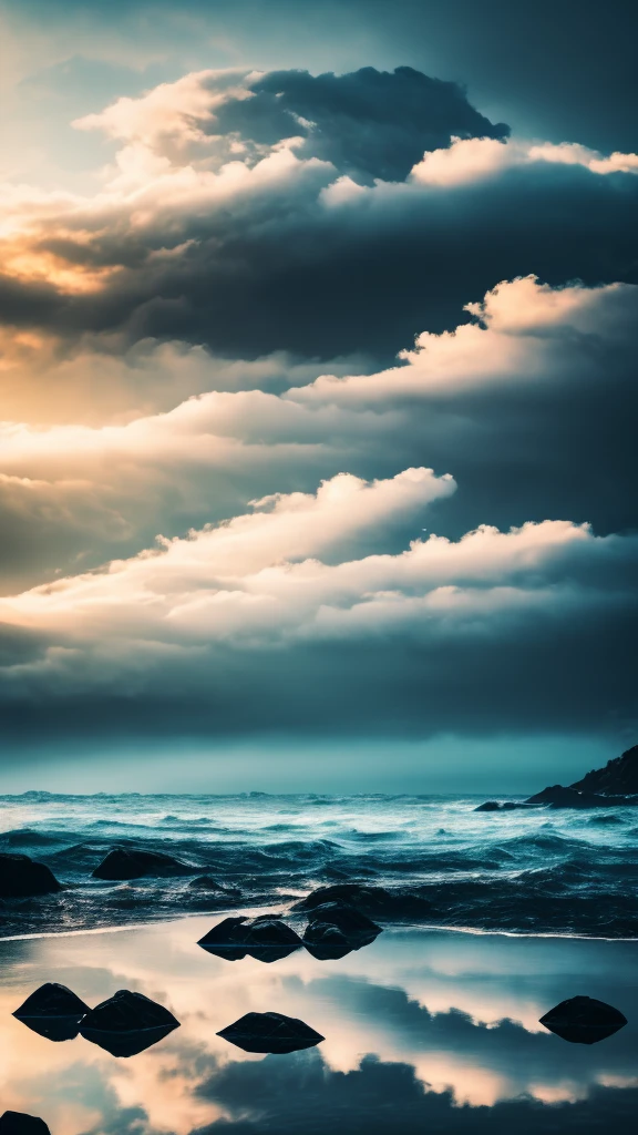 a sailing ship in the distance, vast ocean, stormy clouds, nebulae in the background, dramatic lighting, cinematic composition, (best quality,4k,8k,highres,masterpiece:1.2),ultra-detailed,(realistic,photorealistic,photo-realistic:1.37),dramatic lighting, moody atmosphere, atmospheric perspective, volumetric lighting, glowing nebulae, dynamic waves, reflections on water, mist and fog, dramatic skyscape
