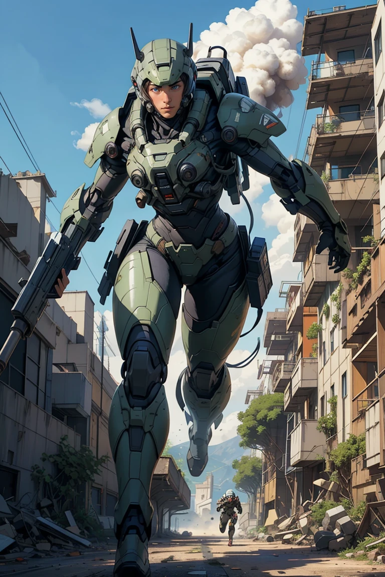 1 girl in mecha battle armor, long dark hair, heavy rocket launcher at the backpack, fullbody shot, holding and shooting big weapon, running at the battle place, explosions, fighting against alien invasion, detailed face, beautiful detailed eyes, beautiful detailed lips, extremely detailed features, hyper detailed, photorealistic, 8k, HDR, physically-based rendering, professional, vivid colors, dramatic lighting, cinematic, sci-fi, concept art, destroyed buildings,