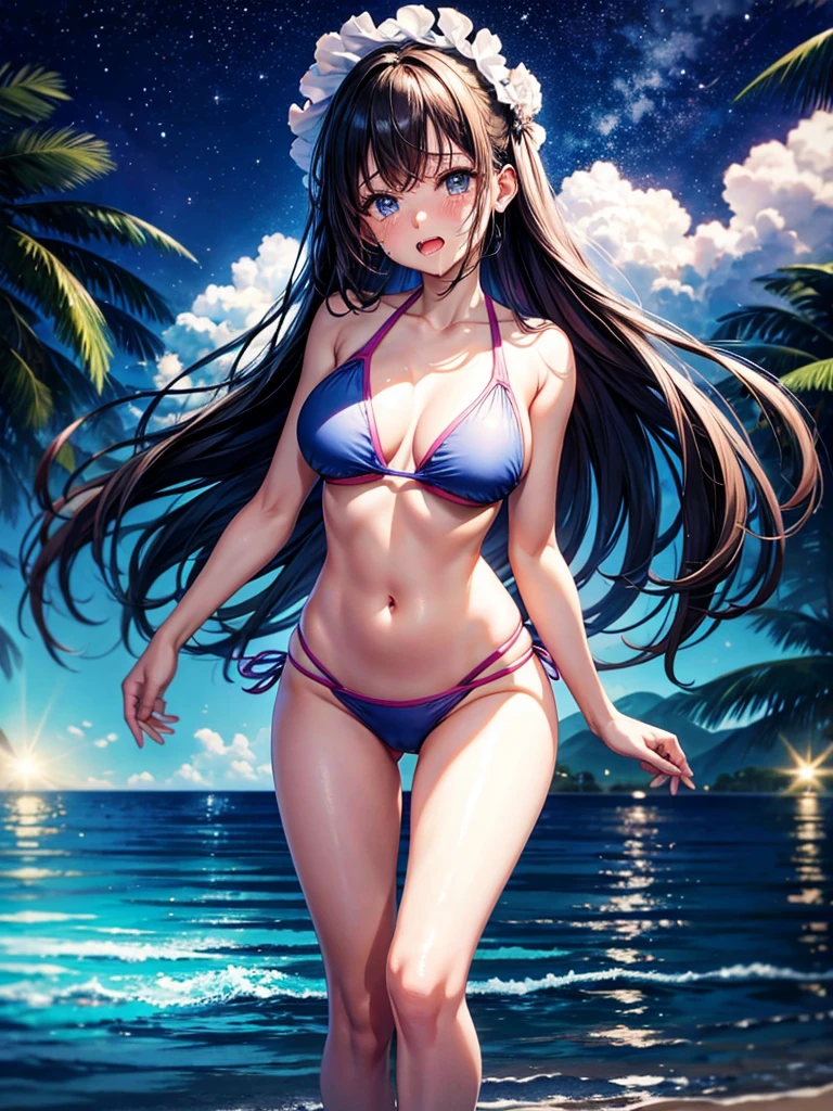 Highest Resolution,Highest quality,1People Girls,beautiful girl,Full body close-up,The body is frontal,looking at the camera,Standing posture,Crying face,Tears,Stringy saliva,Open your mouth,Sticking out tongue,Saliva,Tears overflow,Dripping a lot of saliva,Drooling,Swimsuits by the pool at night,Night view,