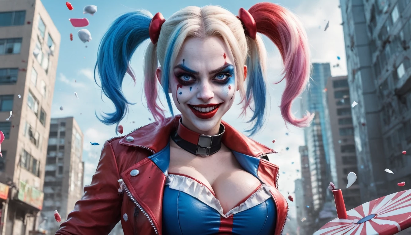an image of a dynamic and intense comic book character, resembling Harley Quinn, in a vivid and chaotic urban battlefield. The character has a pale face with exaggerated makeup: blue eyeshadow on one eye and red on the other, with matching blue and pink pigtails. She is dressed in a tight, shiny, red and blue jester costume with a white ruffled collar and pom-poms. She is wielding a giant candy cane like a weapon, holding it across her shoulders with a mischievous, wide-open grin. The background features a cityscape in disarray, with exploding cars, flying playing cards, and debris creating a sense of action and chaos. The image should be vibrant, with sharp contrasts and a surreal, high-energy feel. Hyper realistic photo, 16k, vibrant colors