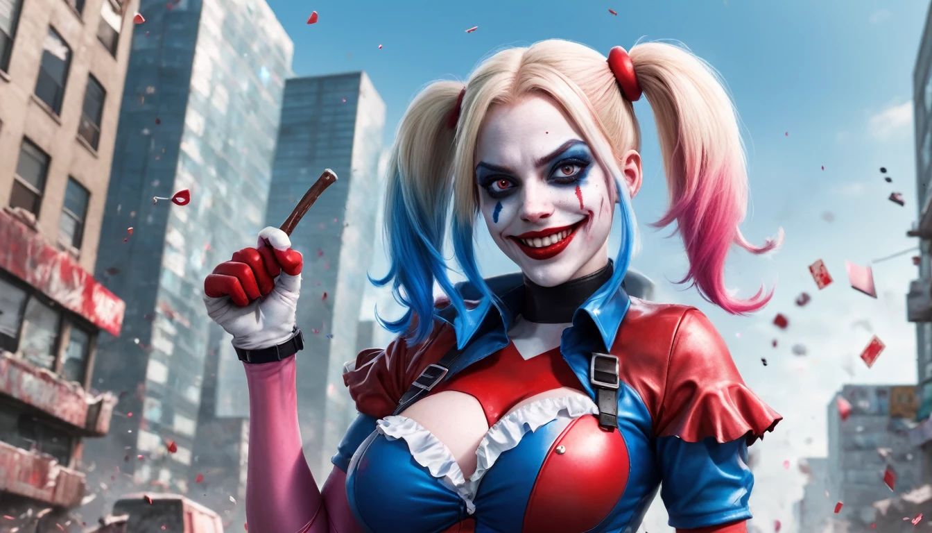 an image of a dynamic and intense comic book character, resembling Harley Quinn, in a vivid and chaotic urban battlefield. The character has a pale face with exaggerated makeup: blue eyeshadow on one eye and red on the other, with matching blue and pink pigtails. She is dressed in a tight, shiny, red and blue jester costume with a white ruffled collar and pom-poms. She is wielding a giant candy cane like a weapon, holding it across her shoulders with a mischievous, wide-open grin. The background features a cityscape in disarray, with exploding cars, flying playing cards, and debris creating a sense of action and chaos. The image should be vibrant, with sharp contrasts and a surreal, high-energy feel. Hyper realistic photo, 16k, vibrant colors
