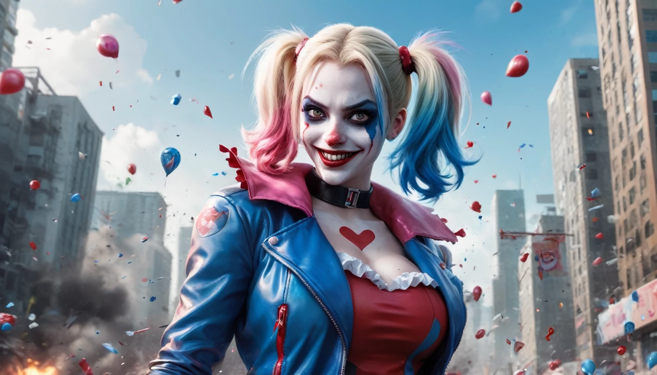 an image of a dynamic and intense comic book character, resembling Harley Quinn, in a vivid and chaotic urban battlefield. The character has a pale face with exaggerated makeup: blue eyeshadow on one eye and red on the other, with matching blue and pink pigtails. She is dressed in a tight, shiny, red and blue jester costume with a white ruffled collar and pom-poms. She is wielding a giant candy cane like a weapon, holding it across her shoulders with a mischievous, wide-open grin. The background features a cityscape in disarray, with exploding cars, flying playing cards, and debris creating a sense of action and chaos. The image should be vibrant, with sharp contrasts and a surreal, high-energy feel. Hyper realistic photo, 16k, vibrant colors