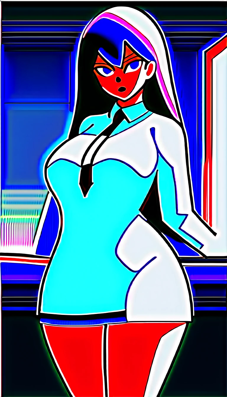 (high quality, 8k, 4K, high contrast, artwork:1.2, high quality, best aesthetics), ((1 woman)), erotic, sensual, mature body, super detailed, beautiful face detailed, beautiful eyes detailed, detailed beautiful mouth, sexy body, perfect breats, perfect wide thighs, (long, wavy dark purple hair), (dark purple eyes), (black lipstick), (serious facial expression), (white dress shirt, black tie, short black skirt), (schoolgirl), (standing), (centered) , (looking at the viewer), (empty classroom)