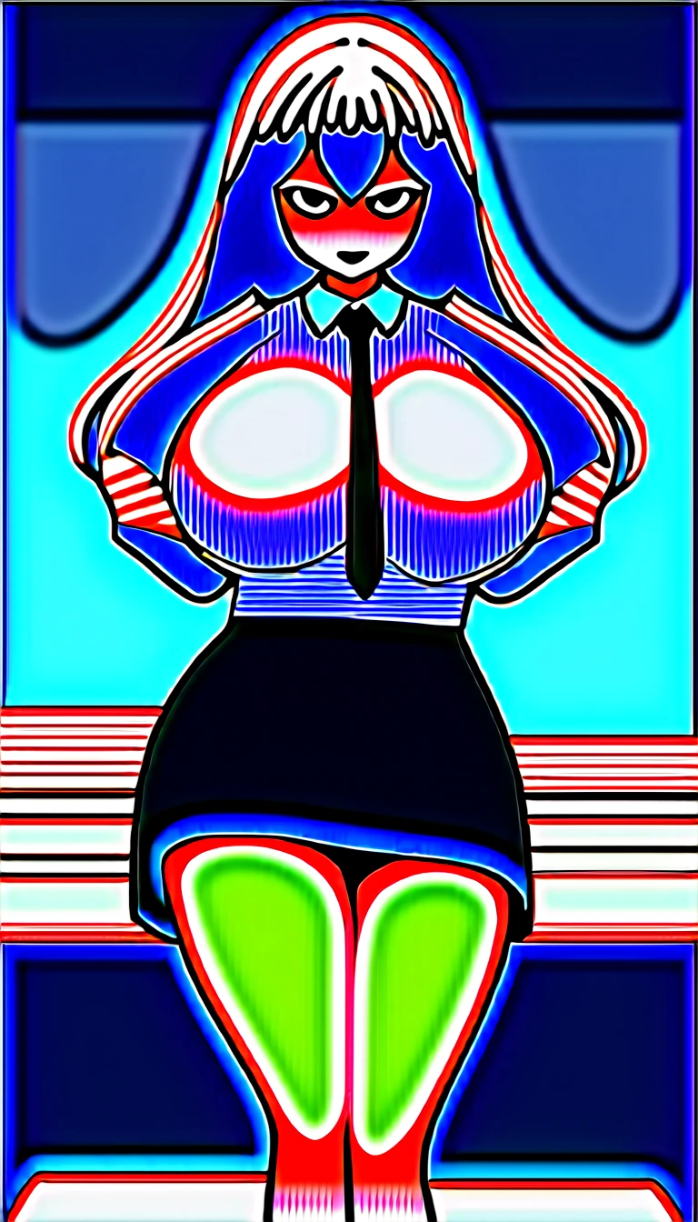 (high quality, 8k, 4K, high contrast, artwork:1.2, high quality, best aesthetics), ((1 woman)), erotic, sensual, mature body, super detailed, beautiful face detailed, beautiful eyes detailed, detailed beautiful mouth, sexy body, perfect breats, perfect wide thighs, (long, wavy dark purple hair), (dark purple eyes), (black lipstick), (serious facial expression), (white dress shirt, black tie, short black skirt), (schoolgirl), (standing), (centered) , (looking at the viewer), (empty classroom)