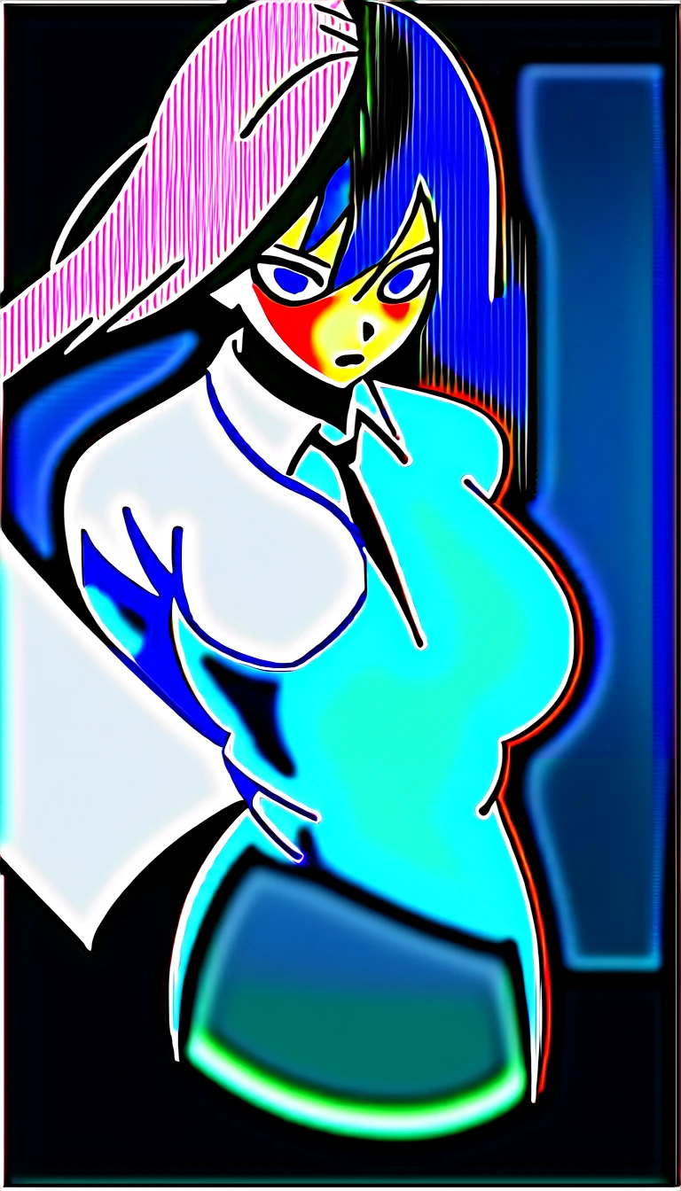 (high quality, 8k, 4K, high contrast, artwork:1.2, high quality, best aesthetics), ((1 woman)), erotic, sensual, mature body, super detailed, beautiful face detailed, beautiful eyes detailed, detailed beautiful mouth, sexy body, perfect breats, perfect wide thighs, (long, wavy dark purple hair), (dark purple eyes), (black lipstick), (serious facial expression), (white dress shirt, black tie, short black skirt), (schoolgirl), (standing), (centered) , (looking at the viewer), (empty classroom)