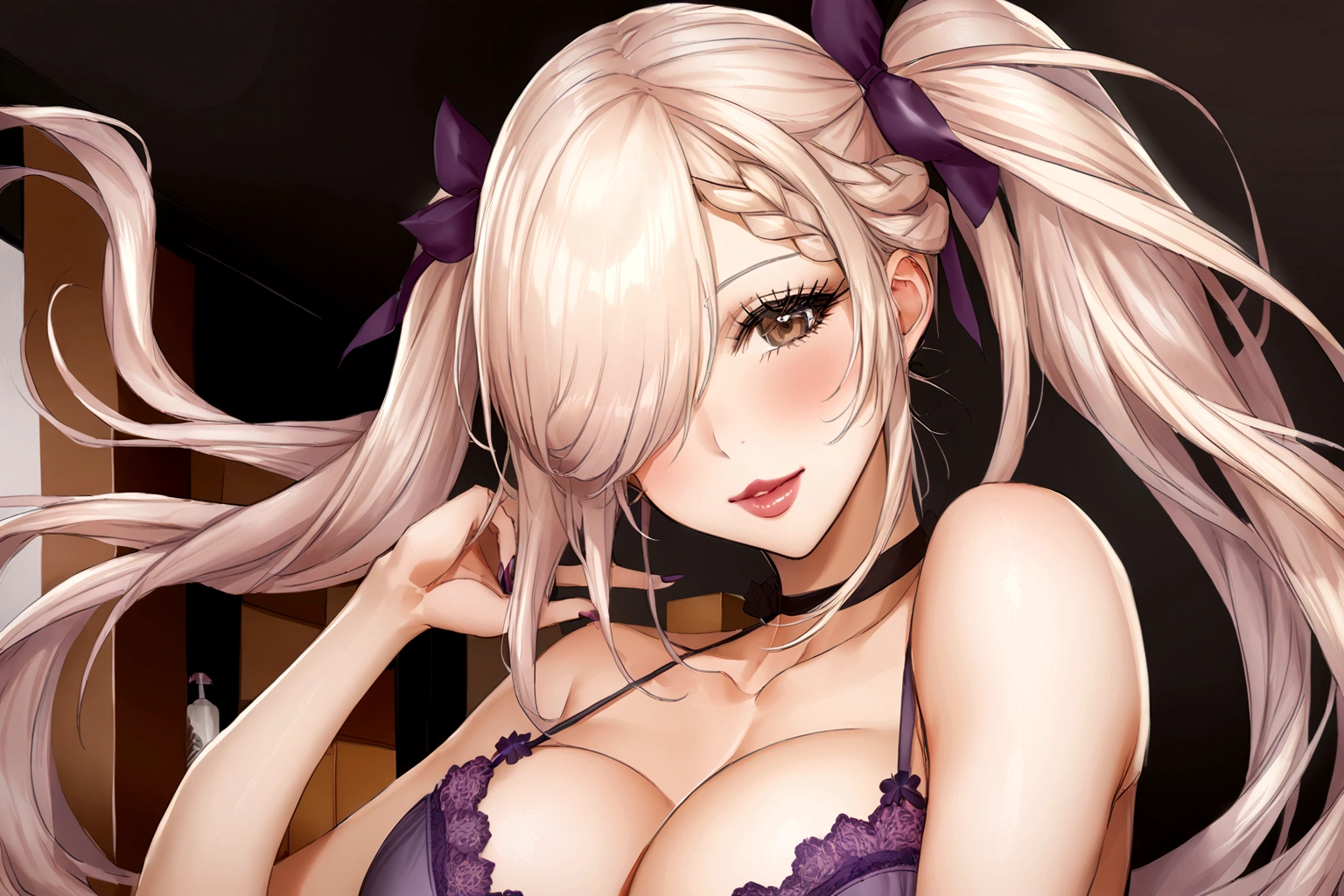 ultra realistic 8k cg, tmasterpiece, ((Ultra detailed backgrounds, delicate patterns, Complicated details)), (highly detailed, finely detailled), best qualtiy, 1girl, (Hphotorealistic:1.4), beautiful light up, absurderes, RAW photos, filmgrain, ((Large and perfect breasts, slender girl)), 1girll, meimi, solo, rnlong hair, pigtails, , hair covering one eye, ssmile, , Braided bangs, , braidedponytail, whaite hair, , Take it,purple bra , makeups, greyt hair, Red lips Lipstick, parted lip, single braid,Mature and sexy,onbed,full of seduction,LewdnesILF