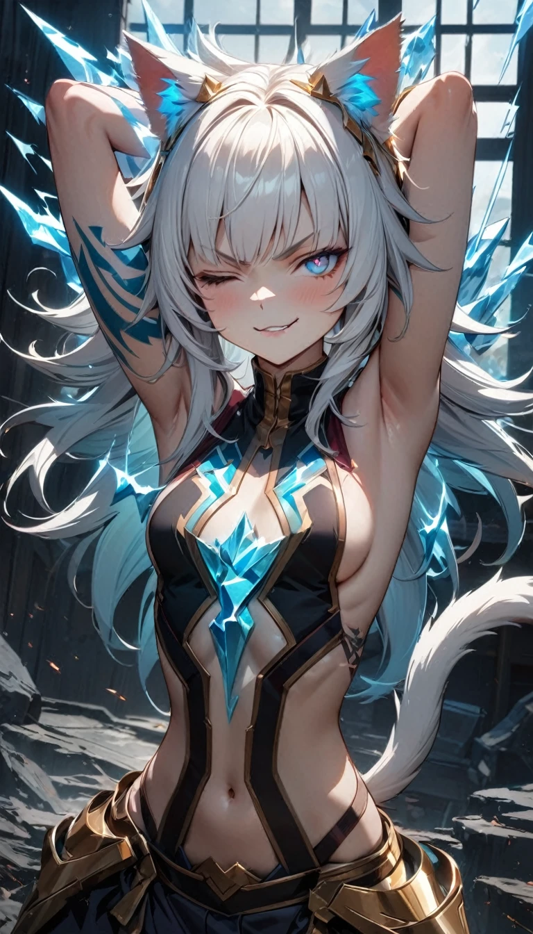 Adult girl, long white hair, cat ears, cat tail, multi-colored eyes, heterohromia, left eye purple, right eye turquoise, light blue battle form, golden elements, lightning, ice, lot of tattoo, scars, open belly, small breasts, wide neckline, boob window, window in chest, little muscles, smirk, claws, hands behind head, Masterpiece, best quality, Full HD, 8k, ultra details, great graphic