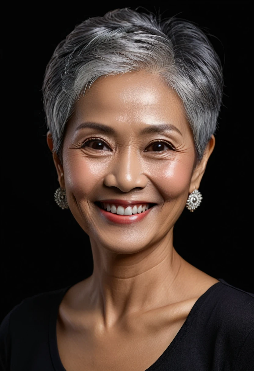 a sixty year lady, Indonesian face, elegant, short-back-grey hair, stunning, peaceful face, smile, 8k, ultra detailed, solid black background