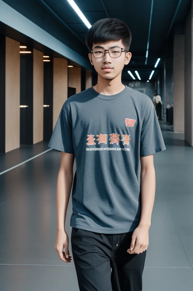 21 year old Beijing boy, he is wearing a oversize xxl blue plain t-shirt, he is wearing black trousers, he is wearing sneakers, he is wearing glasses, city, full body,  he is buzz cut Hair, foot, walking 