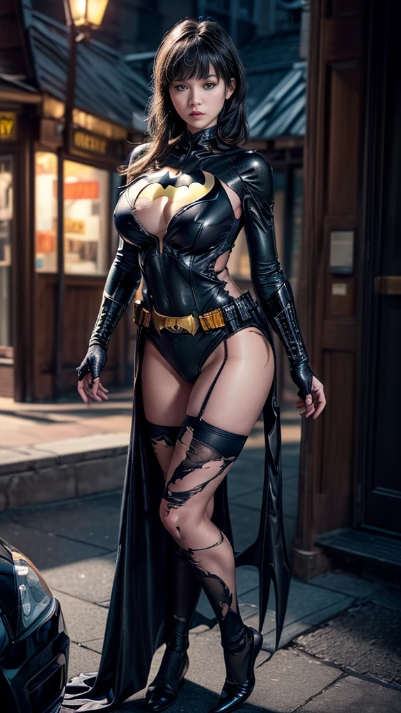 (nsfw:1.2)、((Cowboy Shot))、Mature Woman、(masterpiece, Highest quality), Intricate details, 8K, 1 Girl, Long Hair, Bowl Cut Hair,((blunt bangs))、 Black Hair,((Batman suit with intricate and detailed design)),Skyscraper, city, building,street,((Delicate painting)),(Detailed RAW photos of girls), (Pieces fly:1.25), (Highest quality:1.6), (Ultra-high resolution:1.5), (Photorealistic:1.75), 8K resolution, Canon EOS R5, 50mm, Confused, Very detailed,Cinema Lighting、(((Super big breasts)))、Leg spread、The abdomen is visible、((Separate suits))、Ultra-detailed and intricately decorated Batman knee-high socks、Sexy pose、Batman bikini with delicate and detailed embellishment、(((Ripped and tattered suit:1.1)))