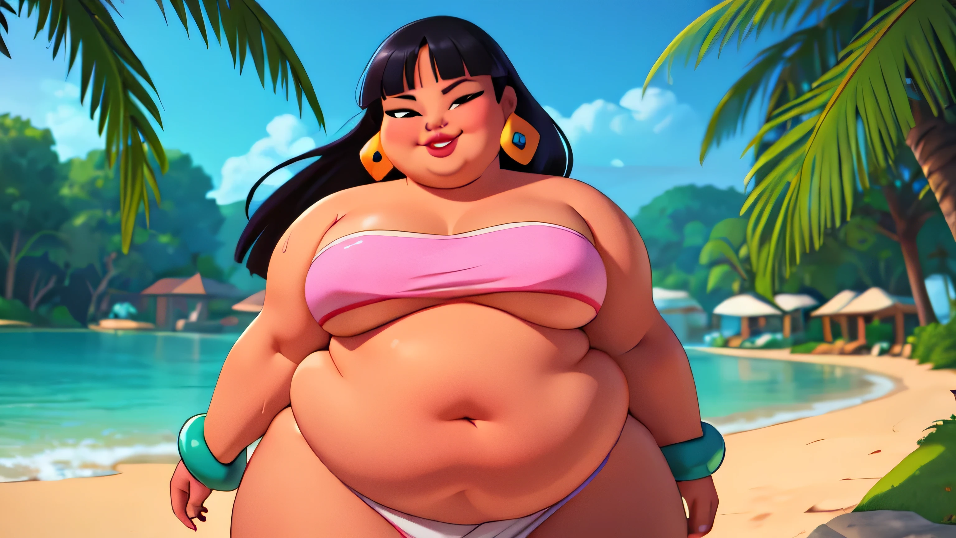 (work of art:1.2, best qualityer:1.2), soft ambient lighting, perfect lighting, 1 girl, standing alone, Chel, Bblack hair, long hair, rhombus stripe, eyes browns, darkskin, lipstick, breasts big, Broad Hips, top of the tube, neckleace, bared shoulders, emerald earrings, emerald bracelets, looking at the camera with a smug expression on his face, beach background, very large body, fat belly rolls, big breasts, sexy smile, fat arms, thunder thighs, super fat, looking at viewer, wet clothes, sweating very hard, sexy looking, blob