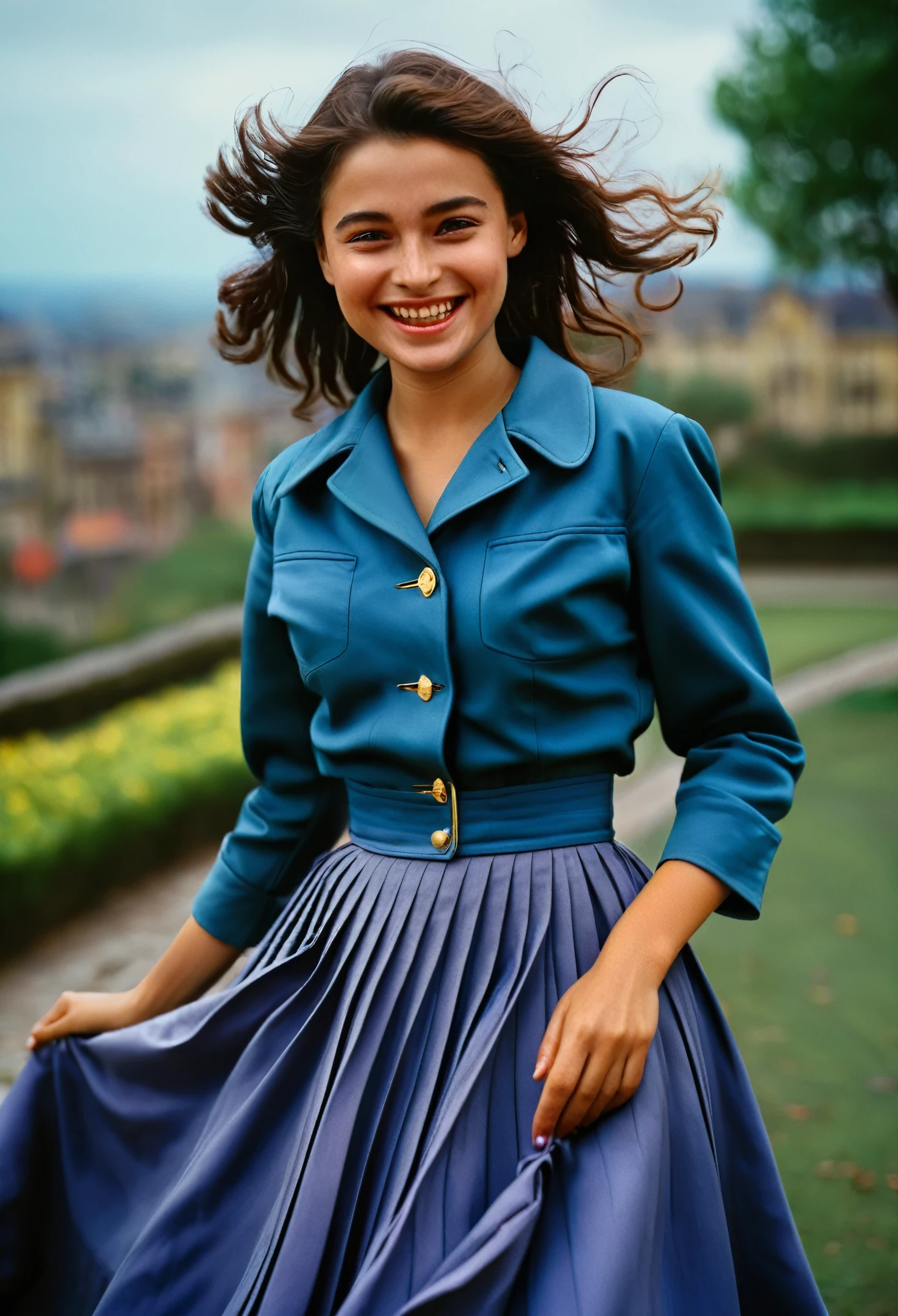 A smiling, authentic, (shy:1,3), kind, beautiful woman, is passionately in love with her skirt, wind lifts her skirt, wearing uniform jacket and very, very detailed (long (fully pleated) full circle skirt) and (low heeled court shoes), very, very intricate hyper-detailed symmetric (attractive graceful young feminine face) with (sad, tired eyes and a loving smile), very voluptuous breasts, full of empathy and compassion and love, (pronounced (feminine) features), (highly detailed ultra accurate realistic) hands and fingers, (windy), epic composition, highly detailed attributes, (35mm f1.4 Kodak portra 400 photograph), extremely high quality RAW photograph, highly detailed atmosphere, sci-fi, cinematic shot, dynamic lighting, 75mm, Technicolor, Panavision, cinemascope, sharp focus, fine details, 8k, HDR, realism, realistic, key visual, film still, superb cinematic color grading, depth of field