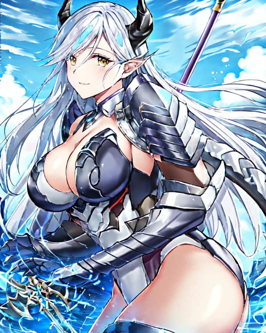 armor, leotard, shoulder armor, cleavage cutout, leotard, breastplate, gauntlet, thig high boots, detachable collar, large breasts, cleavage, long hair, white hair, yellow eyes, beautiful, horn on side head, masterpiece, masterwork, super fine illustration, ultra detailed, cg unity 8k wallpaper, perfect eyes, ultra detailed beautiful face, smile,