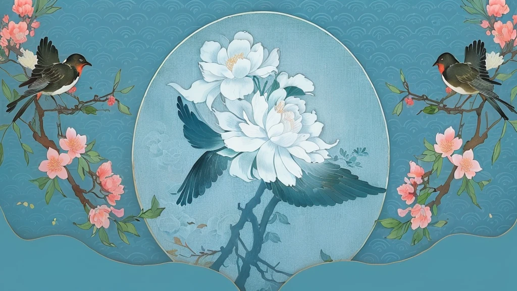 There are two birds sitting on a branch with flowers, Chinese watercolor style, Chinese painting style, Chinese painting, Inspired by Xie Shichen, Inspired by Yun Shouping, Japanese-style, Japanese words related to flowers, Inspired by Mei Qing, Chinese, Inspired by Zhou Shuxi, Describing a flower, Oriental Art Nouveau, Chinese style pattern