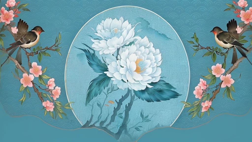 There are two birds sitting on a branch with flowers, Chinese watercolor style, Chinese painting style, Chinese painting, Inspired by Xie Shichen, Inspired by Yun Shouping, Japanese-style, Japanese words related to flowers, Inspired by Mei Qing, Chinese, Inspired by Zhou Shuxi, Describing a flower, Oriental Art Nouveau, Chinese style pattern
