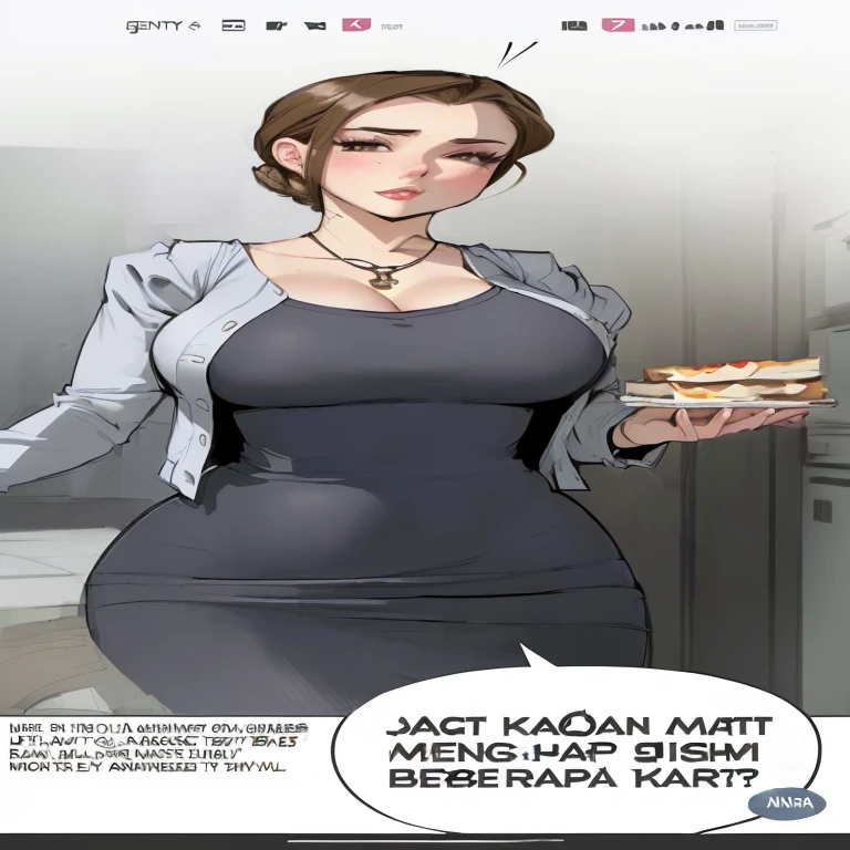 a cartoon picture of a woman holding a sandwich in her hand, anya from spy x family, kate bishop, gwen stacy, succubus in tight short dress, gordon freeman as a woman, betty cooper, her wardrobe is attractive, wanda maximoff, revealing clothes, she is wearing a black dress, she has a jiggly fat round belly, touching her clothes,,huge breast, plump biggest butt, nfsw,milf,nice armpit