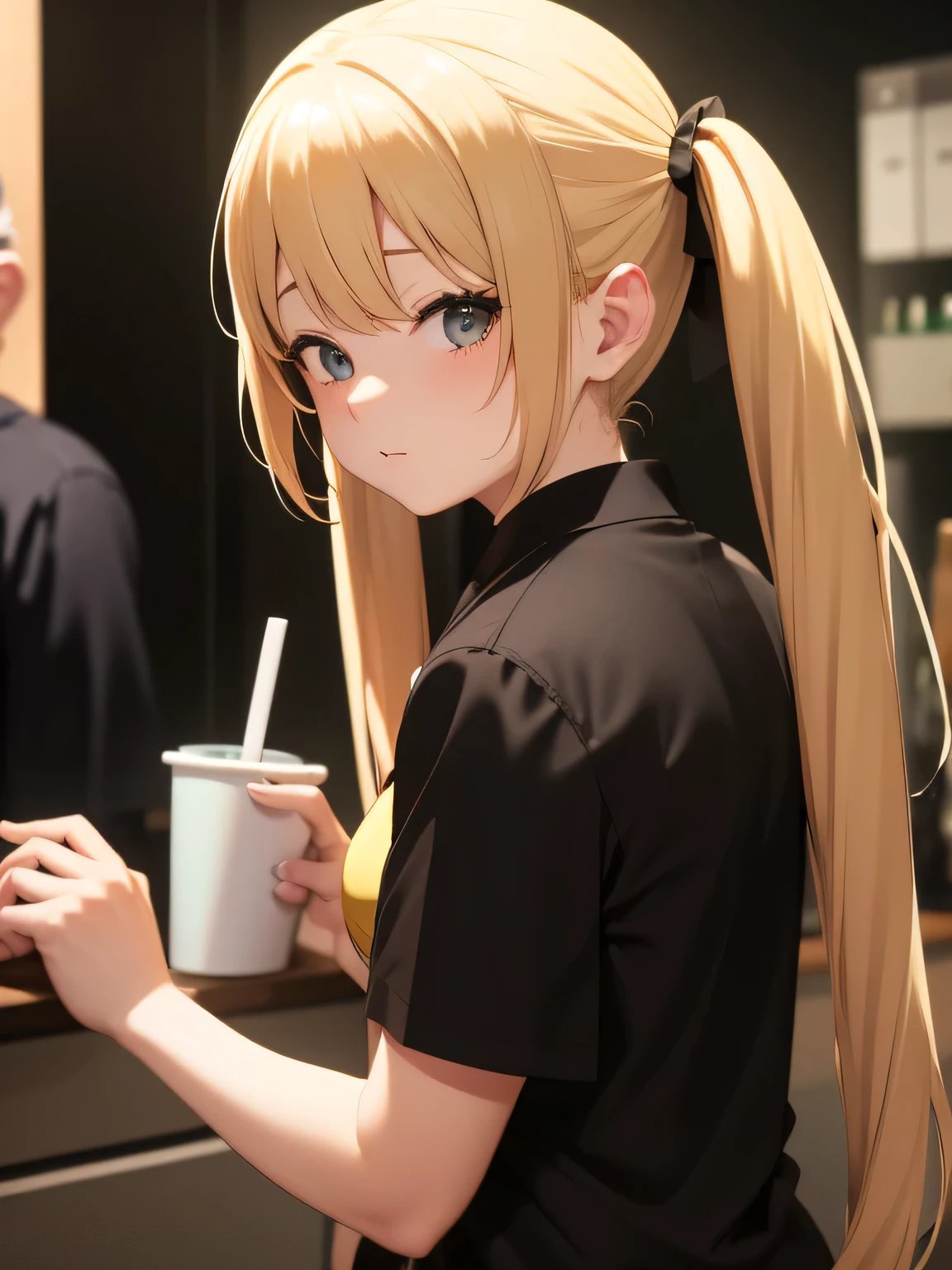 She has blonde twin tails、Wearing a black T-shirt and shorts。I have a drink in my hand